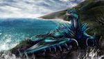  amazing_background azure_rathalos blue_scales capcom detailed_background digital_media_(artwork) dragon feral grass isvoc lying male membranous_wings monster_hunter moss open_mouth scales solo teeth video_games water wings wyvern 