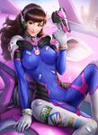  animal_print arm_support artist_name bangs blizzard_(company) blue_sky bodysuit breasts brown_eyes brown_hair bunny_print charm_(object) cityscape clothes_writing d.va_(overwatch) facepaint facial_mark finger_on_trigger gun handgun headphones highres john_law_bc long_hair looking_at_viewer medium_breasts meka_(overwatch) nose outdoors overwatch pilot_suit pistol realistic ribbed_bodysuit shoulder_pads signature sitting skin_tight sky smile solo swept_bangs weapon whisker_markings 