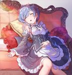  blue_hair blush breasts closed_eyes couch detached_sleeves eyebrows eyebrows_visible_through_hair flower frilled_pillow frilled_sleeves frills hair_ornament hair_ribbon hand_on_own_stomach headdress indoors maid maid_headdress medium_breasts on_couch open_mouth pillow purple_ribbon re:zero_kara_hajimeru_isekai_seikatsu rem_(re:zero) ribbon short_hair sitting sleeping solo teffish x_hair_ornament 