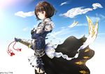  armor blue_sky brown_hair cloud day erika_(shadowverse) highres katana mitsuaji_lime outdoors shadowverse sheath sheathed short_hair sky solo standing sword twitter_username weapon 