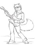  anthro canine clothed clothing cybercat guitar looking_at_viewer male mammal monochrome musical_instrument smile solo standing 