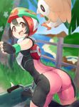  ass bent_over bike_jersey bike_shorts fingerless_gloves gen_1_pokemon gen_7_pokemon gloves ground_vehicle helmet mizuki_(pokemon) naka_akira pokemon pokemon_(creature) pokemon_(game) pokemon_sm rowlet skin_tight tauros 