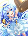  :d angel_wings bell bell_earrings bellringer_angel blue_eyes blue_hair blush dress earrings foreshortening hair_ornament hairclip halo highres jewelry long_hair open_mouth shadowverse smile solo standing standing_on_one_leg walkure wings 