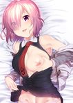  bare_shoulders blush breasts fate/grand_order fate_(series) gloves groin hair_over_one_eye highres hisayaki_kyuu large_breasts mash_kyrielight necktie nipples one_breast_out open_clothes open_shirt panties purple_eyes purple_gloves purple_hair shirt short_hair smile solo underwear vest vest_lift 