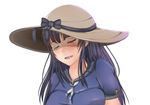  ahegao black_hair blue_dress blush brown_eyes commentary dress english_commentary hat iowa_(pacific) jay87k long_hair mole mole_under_eye open_mouth out-of-frame_censoring pacific puffy_short_sleeves puffy_sleeves sailor_dress shaded_face short_sleeves solo sun_hat 