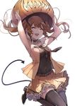  :d ^_^ absurdres alternate_costume armpits arms_up bad_id bad_pixiv_id black_legwear brown_hair closed_eyes collar demon_tail fang girls_frontline highres inxst jack-o'-lantern open_mouth pumpkin smile solo spiked_collar spikes tail thighhighs ump9_(girls_frontline) 