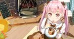  anthurium araragikoyomis blush bow bucket cake chair chalkboard chocolate commentary_request derivative_work dress english finger_licking finger_to_mouth flower food from_above hair_ornament heart highres licking lolita_fashion long_hair looking_at_viewer menu_board miyaguchi_kanna original pink_eyes pink_hair plate scan solo sweet_lolita table tablecloth tongue tongue_out twintails 