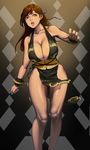  argyle argyle_background bangs bare_arms bare_shoulders black_dress bracelet braid breasts brown_eyes brown_hair china_dress chinese_clothes chun-li cleavage collarbone commentary_request cowboy_shot dress groin gzy highres jewelry large_breasts long_hair looking_at_viewer open_mouth pelvic_curtain rope side_braid solo street_fighter street_fighter_v swept_bangs thighs 