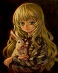  ama-tou animal black_background blonde_hair blue_eyes bunny eyelashes fingernails frills holding holding_animal juliet_sleeves long_hair long_sleeves looking_at_viewer neck_ribbon nostrils oil_painting_(medium) original puffy_sleeves ribbon solo striped wavy_hair 