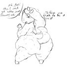  anthro big_butt black_and_white bluebell blush butt caprine dialogue english_text eyelashes female huge_butt mammal monochrome open_mouth roy_mccloud sheep speech_bubble sweat text unseen_character wool 