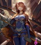  &gt;:( 2k_(sakanakusai) bodysuit breasts bright_pupils brown_hair cape closed_mouth crotch_plate frown highres medium_breasts orange_eyes original short_hair signature solo_focus torn_cape v-shaped_eyebrows 