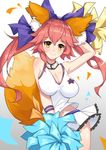  animal_ears blush bow breasts cheerleader cleavage fate/extra fate_(series) fox_ears fox_tail hair_bow hair_ribbon highres large_breasts long_hair looking_at_viewer midriff miniskirt pink_hair pom_poms ribbon skirt solo tail tamamo_(fate)_(all) tamamo_no_mae_(fate) thighhighs warum yellow_eyes 