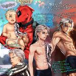  age_progression baby bad_id bad_pixiv_id blue_eyes bodysuit cable_(marvel) cheek_kiss child cyborg deadpool furayu_(flayu) glowing glowing_eye grey_hair groin heart kiss marvel mechanical_arm multiple_persona muscle shirtless shorts superhero teenage torn_clothes translation_request x-men younger 
