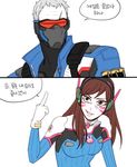  1girl anger_vein animal_print bodysuit brown_eyes brown_hair bunny_print check_translation d.va_(overwatch) face_mask facepaint facial_mark headphones jacket korean long_hair m_mim mask middle_finger overwatch pilot_suit scar short_hair soldier:_76_(overwatch) translation_request visor whisker_markings white_hair 