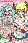  bell blonde_hair blush breasts cleavage cow_bell cow_girl cow_horns cow_tail cowboy_shot crossed_arms drill_hair flying_sweatdrops glasses gorgon green_eyes green_hair horn_ring horns lamia large_breasts media_(monster_musume) monster_girl monster_musume_no_iru_nichijou monster_musume_no_iru_nichijou_online multiple_girls scales shake-o shiny shiny_skin short_hair sketch snake_hair sweater tail tolepas_(monster_musume) twitter_username 