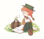  animal anne_of_green_gables anne_shirley apron artist_name ayu_(mog) bad_id bad_pixiv_id bag beamed_eighth_notes bird blush book boots bow braid brown_dress brown_footwear dress eighth_note flower freckles green_eyes green_hat green_legwear hair_bow hat knees_up long_hair long_sleeves looking_at_another musical_note open_book pantyhose red_hair sitting twin_braids twintails white_apron white_flower world_masterpiece_theater 