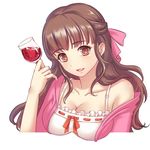  bra_strap breasts brown_eyes brown_hair cleavage collarbone cup drinking_glass guozi_li hair_ribbon half_updo large_breasts long_hair off-shoulder_shirt off_shoulder open_mouth original ribbon shirt smile solo upper_body wine_glass 