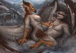  2016 anthro areola beak black_horn breasts brown_feathers butt claws dragon duo egyptian_vulture english_text eva_(ozawk) eye_contact feathered_wings feathers female fur furred_dragon grey_feathers honovy horn hybrid male male/female mountain nipples nude outside ozawk pink_nipples romantic_couple side_boob signature smile snow text toe_claws white_feathers wings 