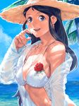  bikini black_hair blue_eyes earrings giant_robo ginrei_(giant_robo) hamu_fukurou hat jewelry long_hair necklace open_clothes open_shirt shirt solo sun_hat swimsuit water 