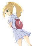  :d alternate_costume alternate_hairstyle backpack bag bangs blonde_hair blunt_bangs braid dutch_angle french_braid from_behind green_eyes high_ponytail jack-barro lillie_(pokemon) long_hair looking_back miniskirt open_mouth pleated_skirt pokemon pokemon_(game) pokemon_sm ponytail shirt short_sleeves simple_background skirt smile solo spoilers twin_braids white_background white_shirt white_skirt 