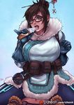  black-framed_eyewear blue_background blush breasts brown_eyes brown_hair clenched_hand coat cowboy_shot eating food fur_coat fur_trim glasses gloves hair_bun hair_ornament hair_stick holding ice_cream ice_cream_cone kachima large_breasts licking looking_at_viewer mei_(overwatch) open_mouth overwatch pants patreon_logo patreon_username pinky_out purple_background short_hair soft_serve solo spread_legs tongue tongue_out watermark web_address 