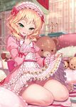  blonde_hair blurry candle depth_of_field dress finger_to_mouth frilled_dress frills green_eyes hairband idolmaster idolmaster_cinderella_girls idolmaster_cinderella_girls_starlight_stage lifted_by_self lolita_fashion lolita_hairband matanonki panties pantyshot pink_dress pink_hairband ribbon sakurai_momoka short_hair skirt skirt_lift solo stuffed_animal stuffed_toy sweet_lolita teddy_bear tsurime underwear 