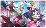  3girls 4boys 5 abs animal_ears armband balloon belt belt_buckle black_eyes black_gloves black_hair black_neckwear blitzcrank blonde_hair blue_eyes blue_hair bracer buckle bullet bunny_ears cake candy carrot confetti crown elbow_gloves extra_eyes eyewear_on_head ezreal facial_hair falling fingerless_gloves fishnets floating food formal gem gloves grey_hair hands_up hat high_heels holding holding_sword holding_weapon horns icing jewelry jinx_(league_of_legends) katana league_of_legends leotard long_hair luxanna_crownguard mask master_yi medium_hair multiple_boys multiple_girls muscle mustache necklace necktie nguy_thuy_ngan no_shoes number open_mouth ponytail poro_(league_of_legends) purple_eyes purple_gloves red_eyes riven_(league_of_legends) robot scabbard scar scratches sheath short_hair signature silver_hair sitting suit sunglasses sword tongue tongue_out twintails weapon white_legwear white_suit witch witch_hat yasuo_(league_of_legends) 