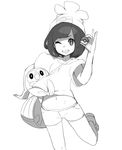  1girl female female_protagonist_(pokemon_sm) hat monochrome navel pokemon rowlet simple_background solo stomach tonami_kanji white_background 