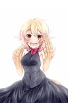  :d akahito_(kemoyuru) black_dress black_wedding_dress blonde_hair breasts claws covered_navel cowboy_shot dress eyebrows eyebrows_visible_through_hair highres jewelry liza_(monster_musume) lizard_girl lizard_tail monster_girl monster_musume_no_iru_nichijou monster_musume_no_iru_nichijou_online open_mouth orange_eyes pointy_ears ring scales simple_background sleeveless slit_pupils small_breasts smile solo tail wedding_band wedding_dress white_background 