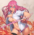  areola_slip areolae bangs black_legwear blue_eyes blush bow bow_panties breasts cleavage commentary covered_nipples covering covering_breasts covering_chest cowboy_shot embarrassed fire foreshortening gakusen_toshi_asterisk hair_between_eyes hair_ornament holding holding_sword holding_weapon julis-alexia_von_riessfeld large_breasts lasterk long_hair long_sleeves looking_at_viewer navel no_bra no_pants nose_blush open_clothes open_mouth open_shirt outstretched_arm panties pink_hair pink_panties purple_panties shirt skindentation solo sword thighhighs underboob underwear very_long_hair weapon white_shirt 