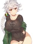  alternate_costume arm_grab asymmetrical_hair black_shirt breast_hold breasts cloud_print collarbone covered_navel covered_nipples covering covering_crotch eyebrows eyebrows_visible_through_hair hair_between_eyes hair_ornament jitome kantai_collection large_breasts long_hair long_sleeves looking_at_viewer looking_down miss_cloud navel no_bra no_panties no_pants off_shoulder pouty_lips shirt shirt_tug silver_hair simple_background sleeves_past_wrists solo unryuu_(kantai_collection) upper_body very_long_hair white_background yamaarashi yellow_eyes 