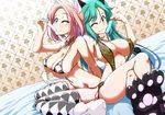  2girls bare_arms bare_shoulders bed bikini blue_eyes breasts cat_ears cat_tail collar dutch_angle erect_nipples fake_animal_ears fake_tail feet green_hair highres holding ice_cream large_breasts legs legs_crossed long_hair looking_at_viewer mondo multiple_girls navel one_eye_closed pink_hair short_hair sitting smile swimsuit thighhighs thighs twintails wink yellow_eyes 