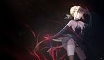  artoria_pendragon_(all) bare_shoulders black_background black_panties blonde_hair dark_excalibur elbow_gloves energy fate/grand_order fate/stay_night fate_(series) gloves headpiece_removed looking_at_viewer mask nanaya_(daaijianglin) pale_skin panties saber_alter side-tie_panties solo sword thighhighs underwear upskirt weapon yellow_eyes 