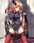  ass_visible_through_thighs belt black_dress blue_eyes breasts brown_hair buckle dress dress_lift garter_straps high_heels highres kantai_collection large_breasts lifted_by_self long_hair looking_at_viewer neckerchief ponytail red_belt red_legwear red_neckwear remodel_(kantai_collection) rudder_shoes saratoga_(kantai_collection) satou_daiji short_sleeves skirt smile solo striped striped_dress thighhighs 