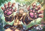  animal_ears bangs claw_(weapon) claws collar erune gloves granblue_fantasy grey_hair hair_between_eyes kaizeru looking_at_viewer open_mouth red_eyes sen_(granblue_fantasy) silver_hair skirt smile solo weapon 