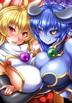  :q animal_ears astaroth_(shinrabanshou) asymmetrical_docking black_sclera blonde_hair blue_skin blush breast_press breasts demon_girl earrings eyebrows fang fox_ears heart horns izuna_(shinrabanshou) jewelry kittan_(cve27426) large_breasts looking_at_viewer multiple_girls nail_polish red_eyes red_nails shinrabanshou slit_pupils thick_eyebrows tongue tongue_out yellow_eyes 