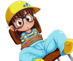  1girl blush bondage brown_eyes brown_hair chair child dagashi_(daga2626) dr._slump glasses hat norimaki_arale solo white_background 