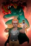  arm_up card dual_persona ganon ganondorf green_jacket guilhermerm jacket jacket_on_shoulders male_focus muscle orange_hair persona pig red_background red_eyes shirt simple_background t-shirt tarot the_legend_of_zelda the_tower 