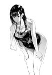  bangs bent_over breasts cleavage commentary_request greyscale hands_on_own_thighs highres kurofood large_breasts long_hair looking_at_viewer monochrome one-piece_swimsuit original solo standing swimsuit towel towel_around_neck wet white_background 