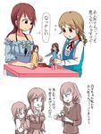  3girls bare_shoulders blush breasts brown_eyes brown_hair comic commentary_request detached_sleeves doll_house flying_sweatdrops idolmaster idolmaster_cinderella_girls kumamoto_aichi long_sleeves mifune_miyu morikubo_nono multiple_girls off_shoulder open_mouth ponytail short_hair spaghetti_strap speech_bubble suspenders takagaki_kaede translation_request 