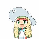  blonde_hair braid chibi commentary_request green_eyes hat kanikama lillie_(pokemon) long_hair lowres open_mouth pokemon pokemon_(game) pokemon_sm rectangular_mouth simple_background solo sun_hat twin_braids upper_body white_background white_hat 