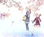  1girl aqua_eyes bad_id bad_pixiv_id blonde_hair brother_and_sister changpao cherry_blossoms chinese_clothes closed_eyes erhu flower instrument kagamine_len kagamine_rin mig_(36th_underground) open_mouth petals short_hair siblings sitting smile tsumugi_uta_(vocaloid) twins vocaloid 