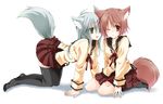  animal_ears brown_eyes brown_hair fox_ears green_eyes kubyou_azami long_hair multiple_girls original school_uniform short_hair silver_hair tail thighhighs zettai_ryouiki 