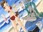  3girls ball barefoot beach beachball bikini cooler day dutch_angle hatsune_miku kagamine_len kagamine_rin kaito kneepits male_swimwear meiko multiple_boys multiple_girls outdoors pale_skin red_bikini side-tie_bikini sitting sunglasses swim_briefs swimsuit swimwear tk28 twintails umbrella vocaloid wading water 