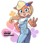  blonde_hair blue_eyes blush blushing coco_bandicoot crash_bandicoot cute female flower furry hair long_hair looking_at_viewer mammal marsupial overalls pey pictographics plain_background ponytail smile solo video_games white_background 