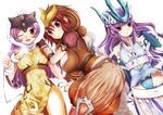  breasts costume entei fangs flat_chest gen_2_pokemon large_breasts miyano_ururu multicolored_hair multiple_girls one_eye_closed personification pokemon purple_hair raikou red_eyes suicune tail 