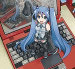  arm_up blue_eyes blue_hair brand_name_imitation computer hatsune_miku laptop long_hair maruto! minigirl recursion sleeves_past_wrists smile solo standing thighhighs twintails very_long_hair vocaloid 