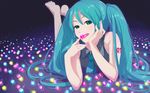  aqua_eyes aqua_hair aqua_nails barefoot blurry candy chin_rest depth_of_field feet food hands hatsune_miku highres licking long_hair lying mikumix nail_polish naughty_face necktie on_stomach open_mouth smile solo the_pose tongue twintails vocaloid wallpaper watermark yachiwo 