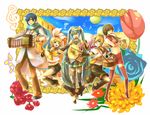  3girls accordion beamed_eighth_notes beamed_sixteenth_notes boots brother_and_sister cymbals drum eighth_note flower hashimochi hatsune_miku instrument kagamine_len kagamine_rin kaito meiko midriff multiple_boys multiple_girls music musical_note saxophone siblings tambourine thigh_boots thighhighs treble_clef twins vocaloid wallpaper 