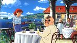  chair clouds ghibli kurenai_no_buta moustache plant porco_rosso porco_rosso_(character) red_hair sea seaplane sky sunglasses table wine 